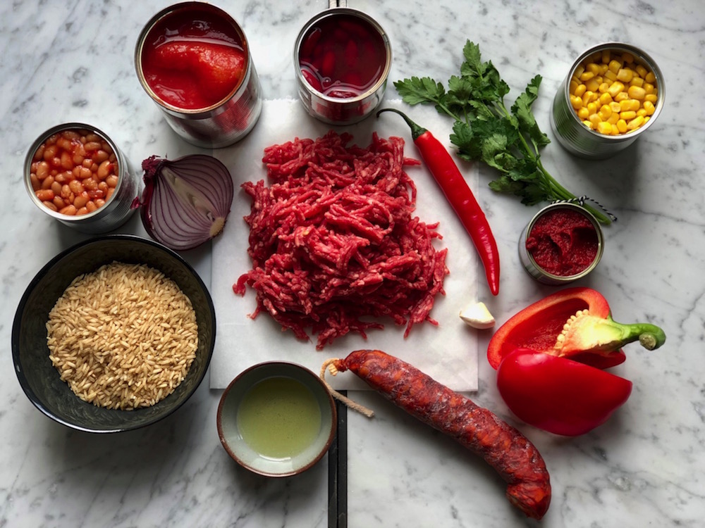 Ingrediënten chili con carne rijst