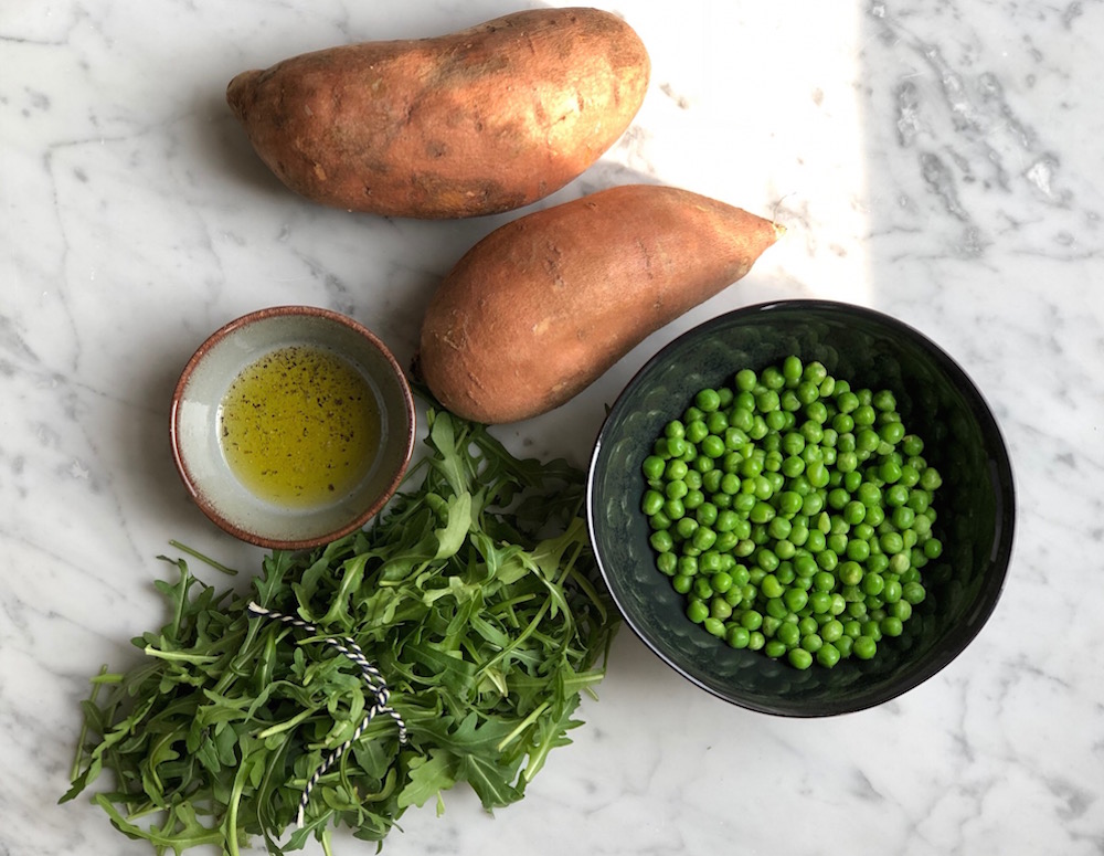 ingrediënten zoete aardappel rucola tuinerwt