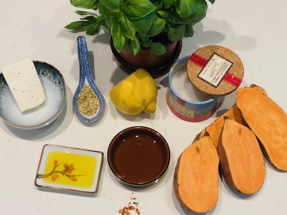 Ingredients sweet potato feta puree lemon basil oil