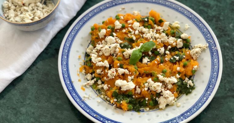 Sweet potato puree with lemon basil oil & feta