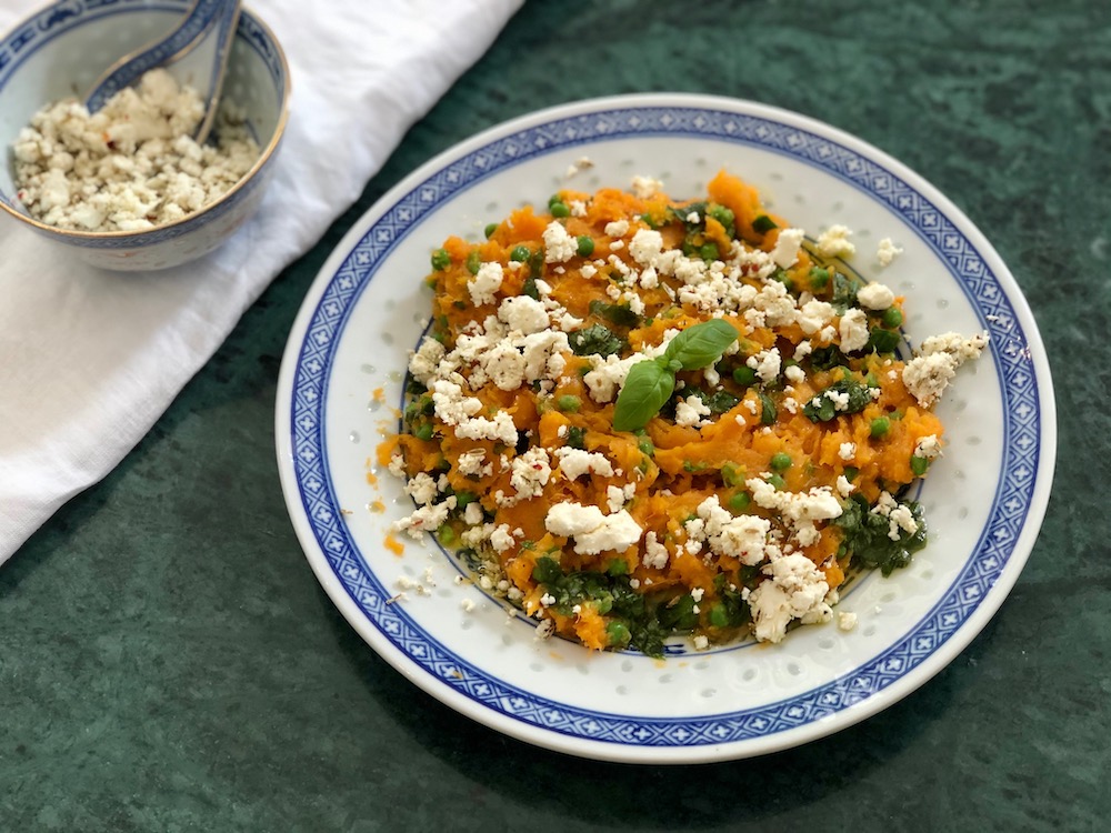 Sweet potato puree with lemon basil oil & feta